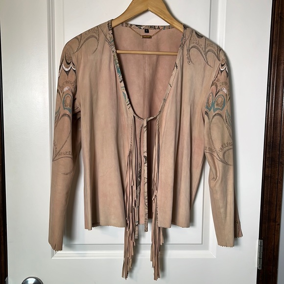 ROBERTO CAVALLI Tan Beige Suede Leather Butterfly Fringe Jacket - Picture 2 of 13